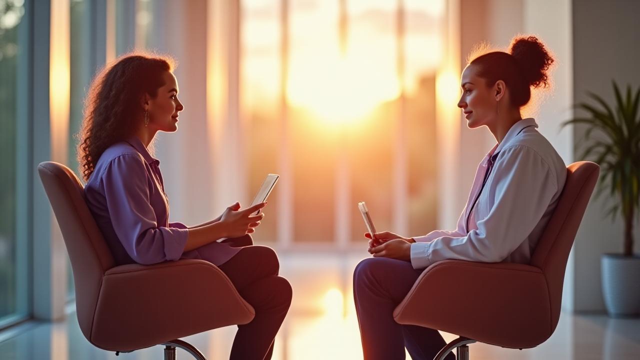Healthcare manager discussing performance goals with a team member in a modern clinic setting